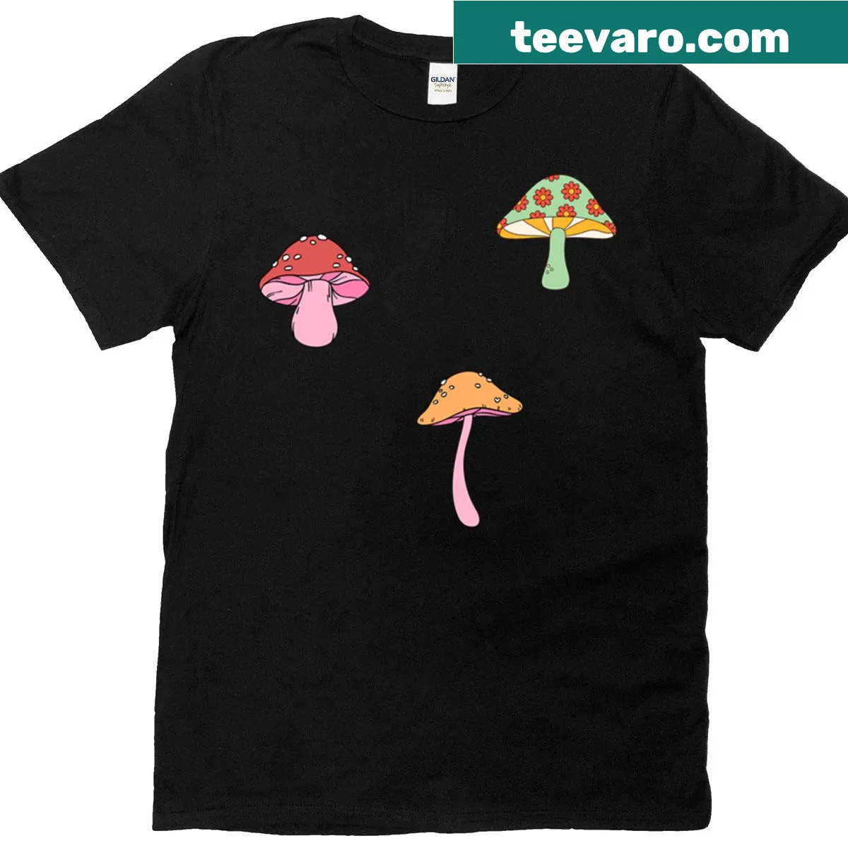 Retro 70s inspired t-shirt featuring a collection of whimsical mushrooms — on a men's t-shirt