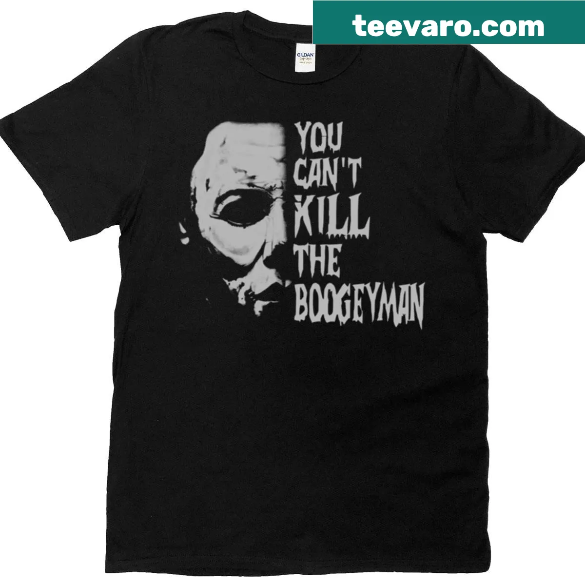 Funny Halloween shirt featuring Michael Myers and Jason Voorhees together — on a men's t-shirt