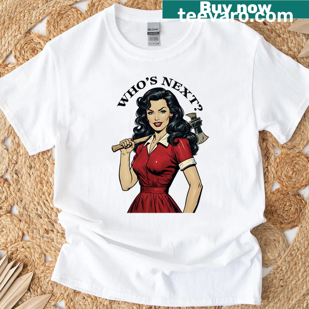 Vintage dark humor killer housewife illustration t-shirt — on a men's t-shirt