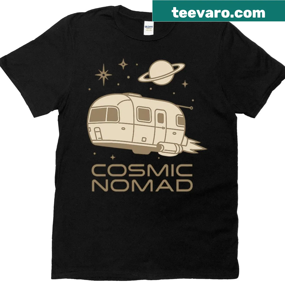 Whimsical retro space camper design for adventure lovers — on a men's t-shirt