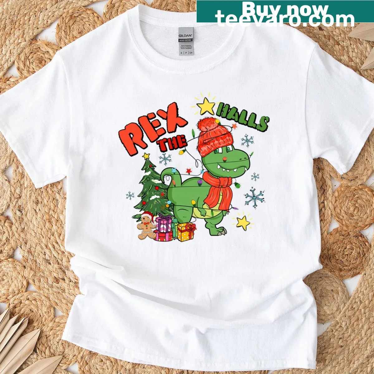 Cute Christmas dinosaur t-shirt for kids. — on a men's t-shirt
