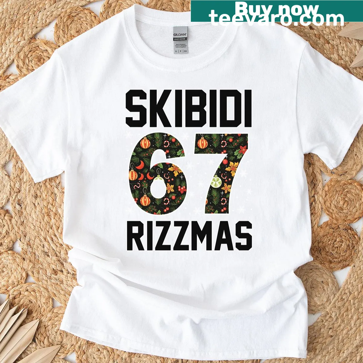 Funny Christmas t-shirt with the phrase Rizz Christmas 67 in playful design — on a men's t-shirt