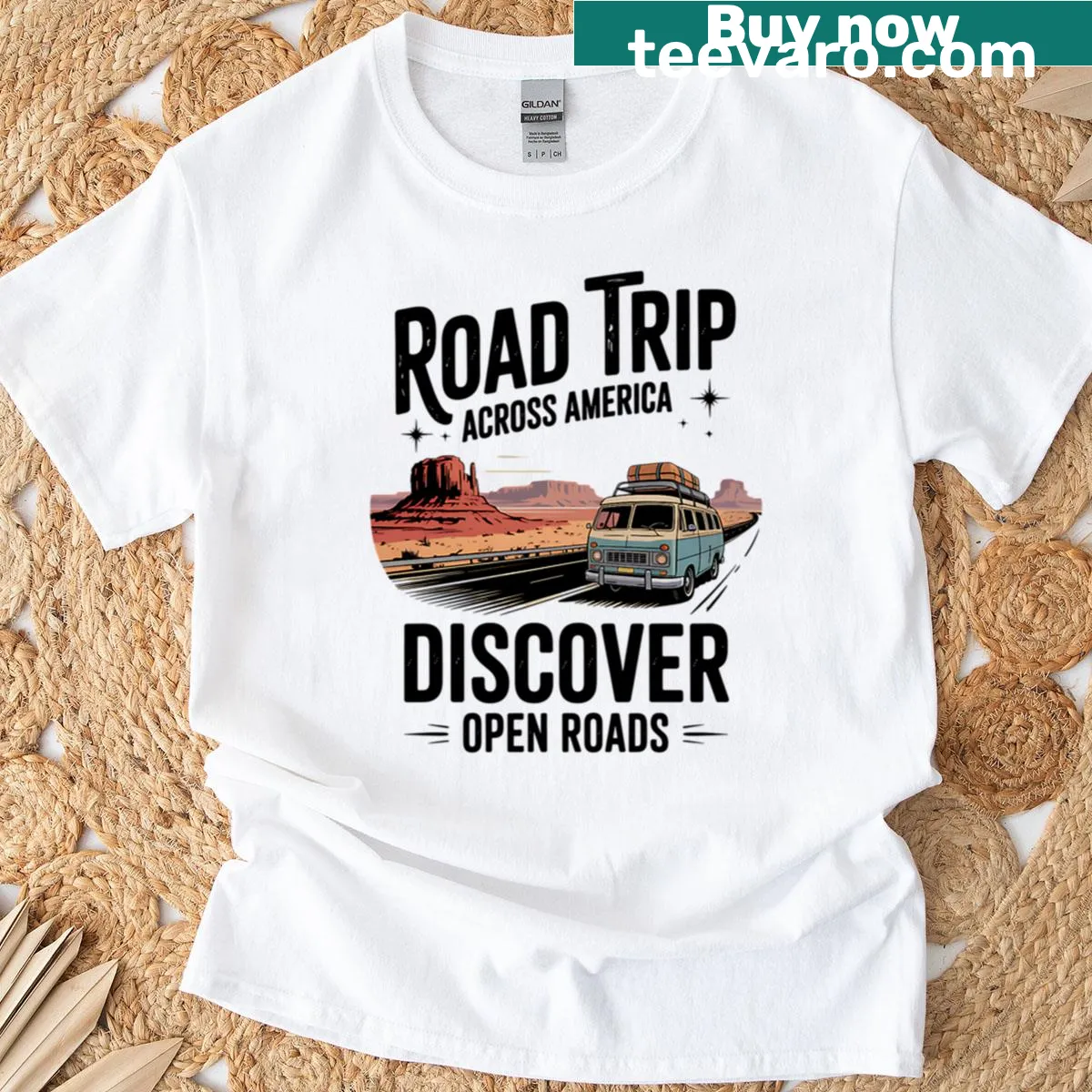 Vintage desert travel graphic on Road Trip Across America T-shirt — on a men's t-shirt