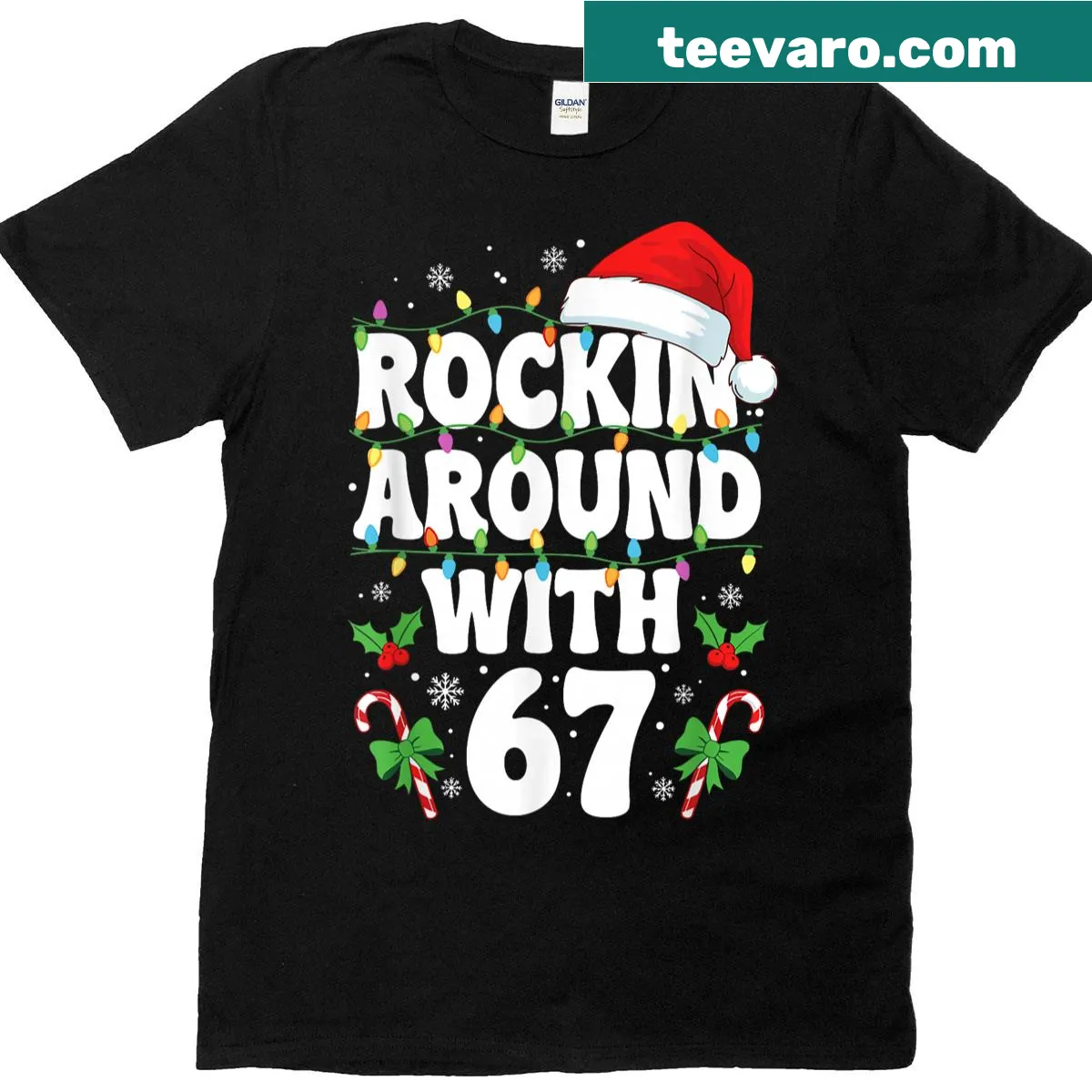 Vintage-style Christmas t-shirt with humorous 'Rockin Around With 67' text — on a men's t-shirt