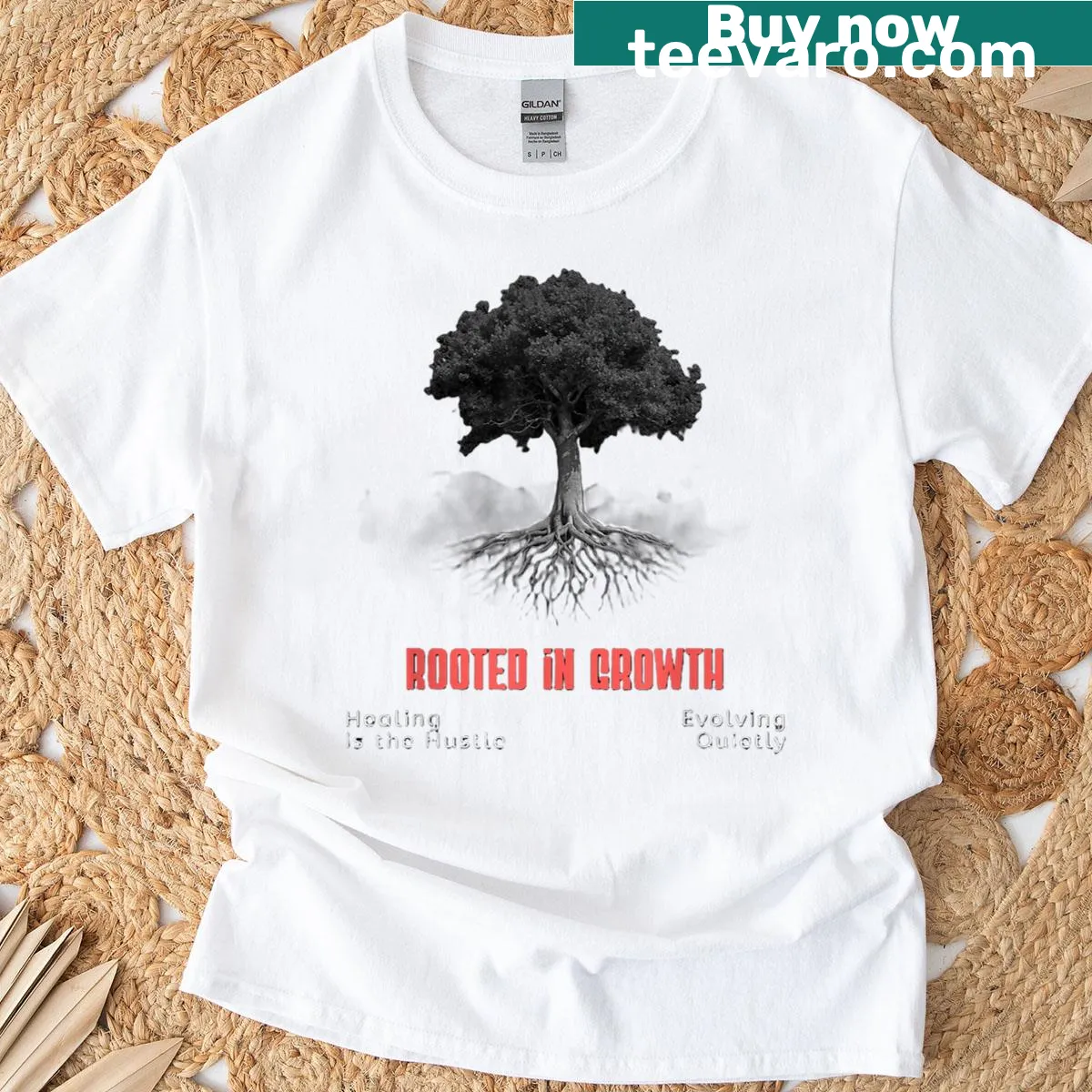 Inspirational t-shirt with 'Rooted In Growth' text — on a men's t-shirt