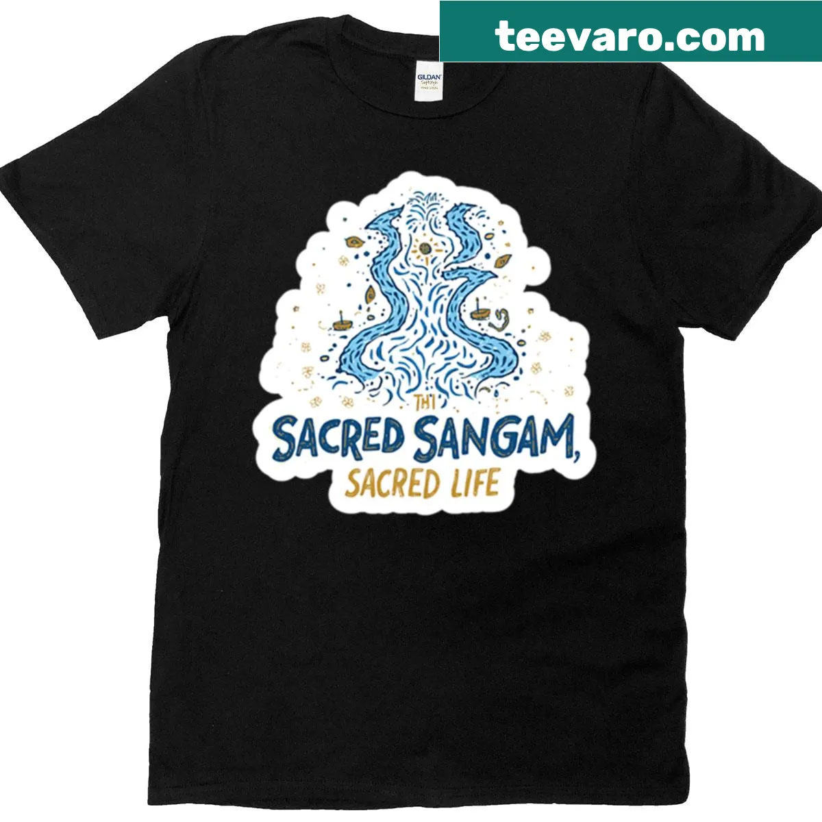 T-shirt featuring sacred life phrase and tranquil illustration — on a men's t-shirt
