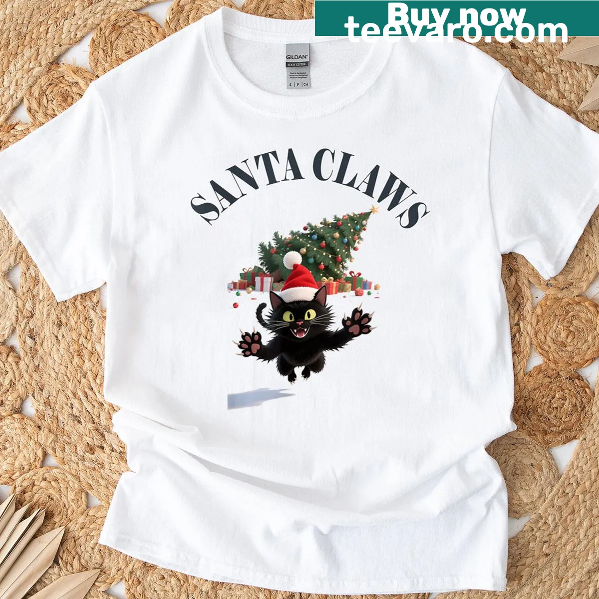 Humorous Christmas cat shirt with 'Santa Claws' and a playful illustration — on a men's t-shirt