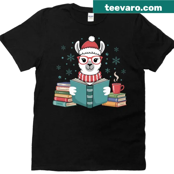 Cute Santa llama reading a book graphic T-shirt
