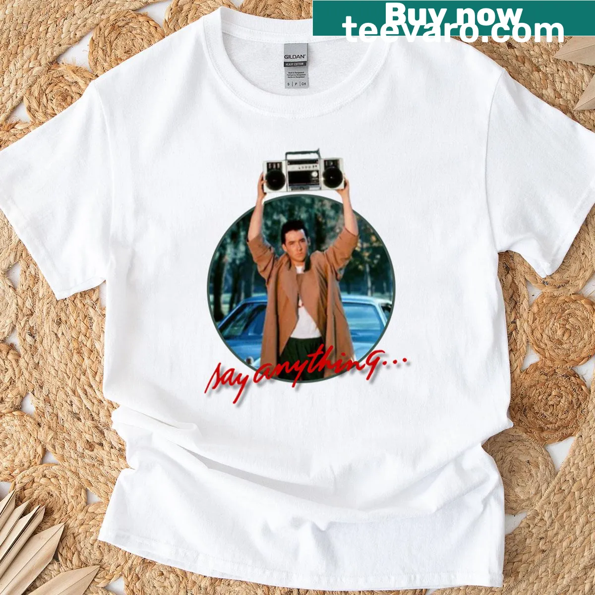 T-shirt with the phrase 'Say Anything' in bold text — on a men's t-shirt