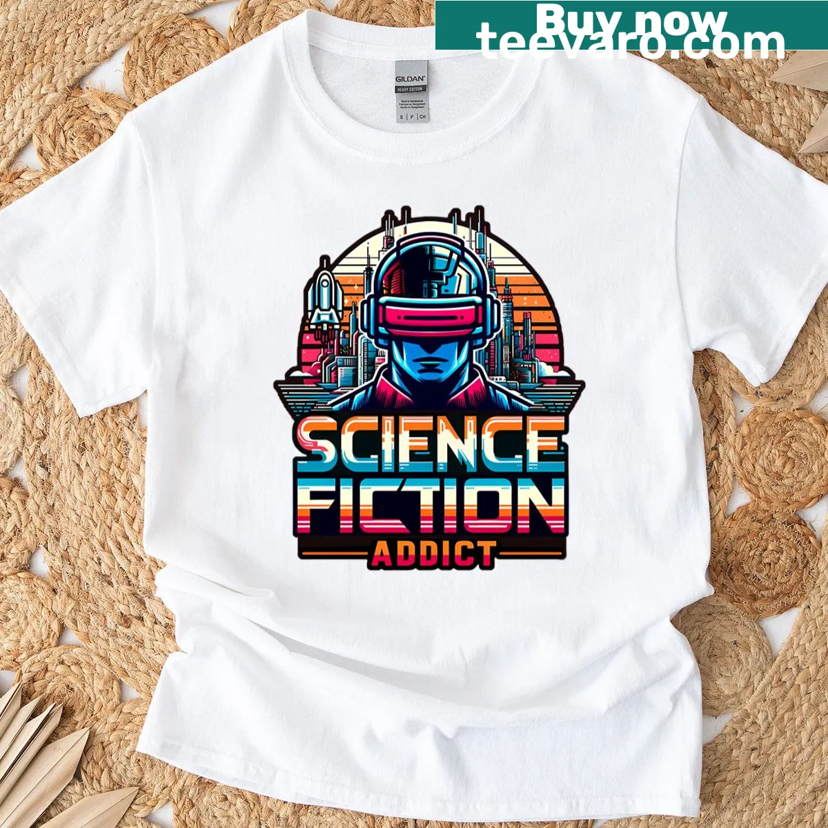 Typography t-shirt that says 'Science Fiction Addict' — on a men's t-shirt