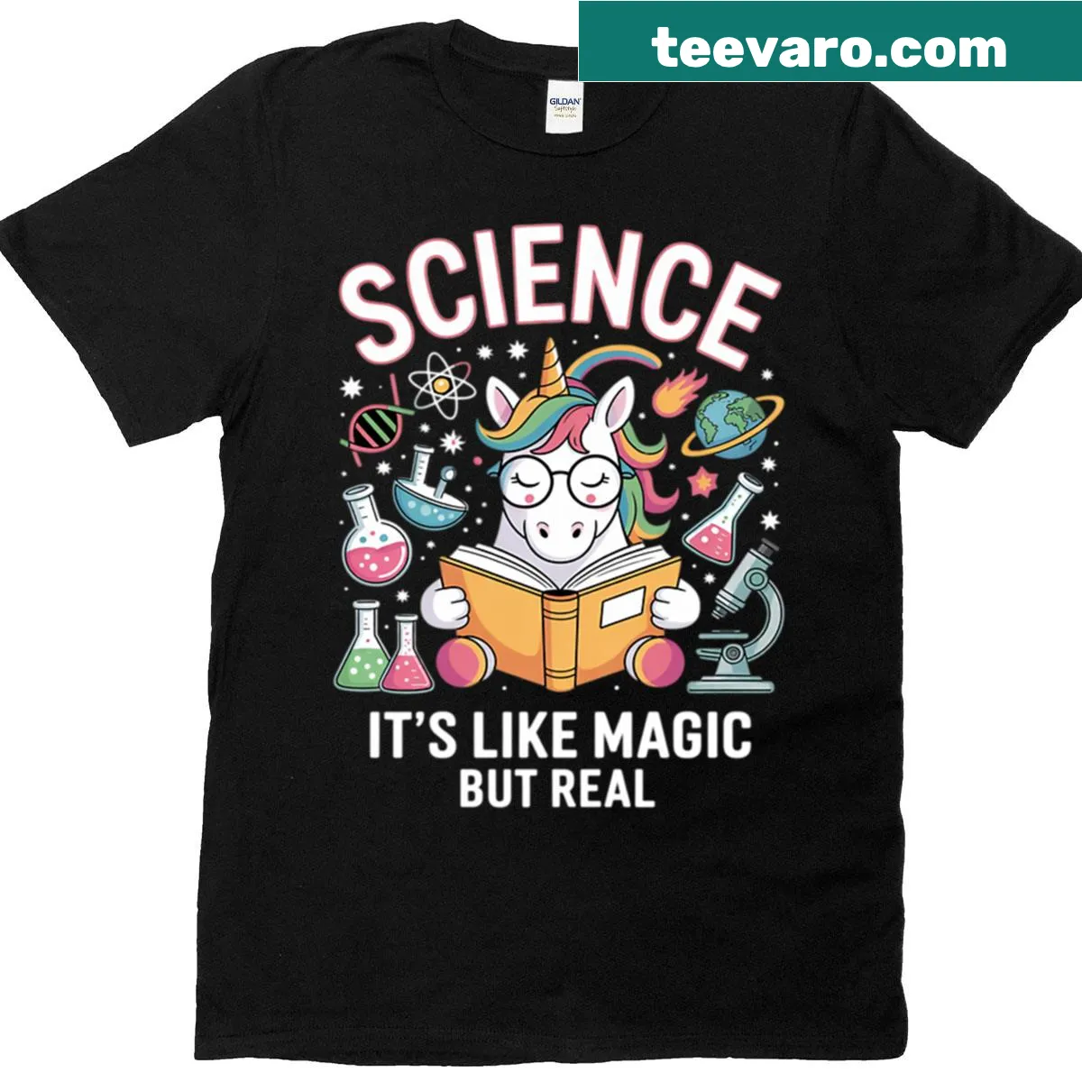Inspirational unicorn and science-themed t-shirt — on a men's t-shirt