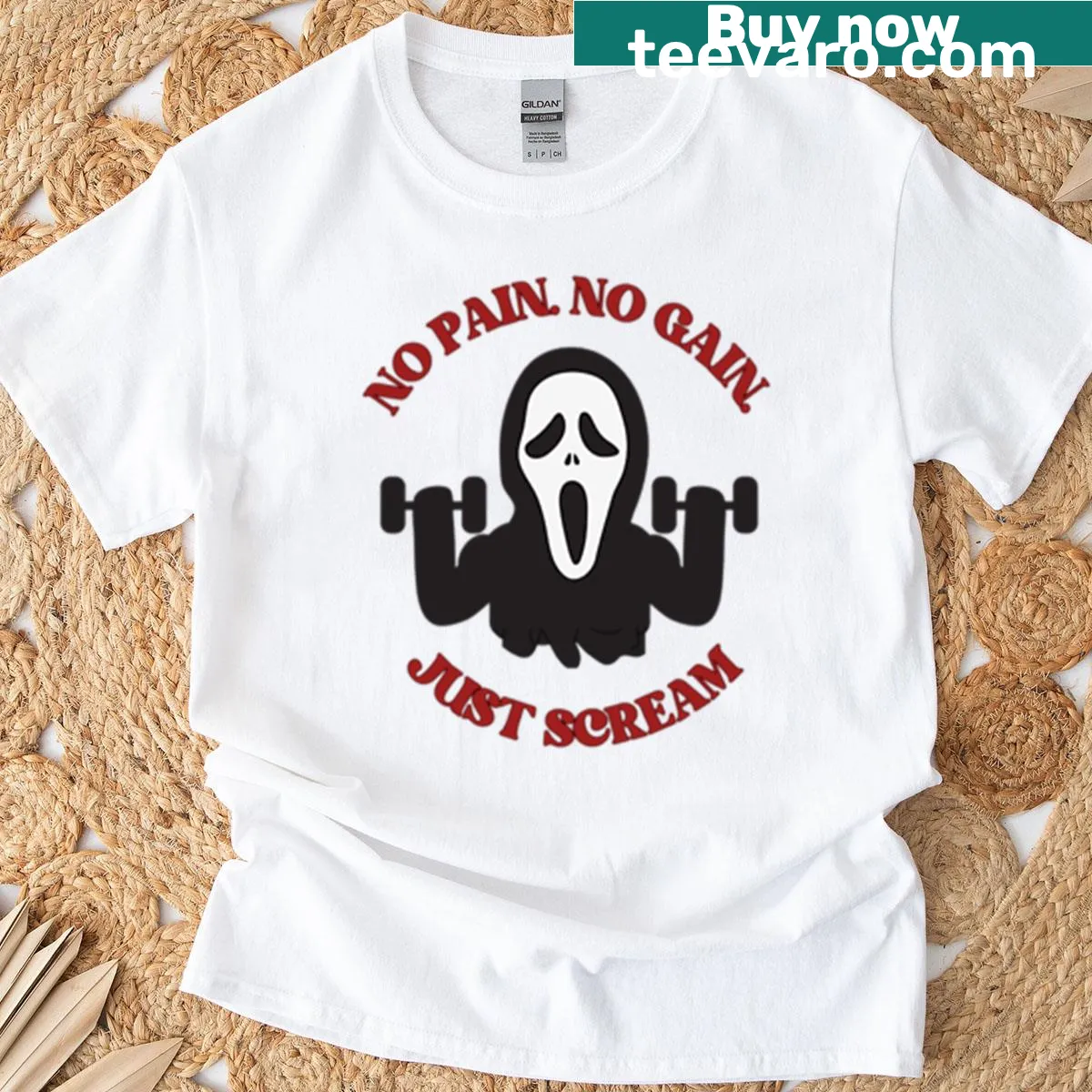 Gym-themed T-shirt with ghost badge and humorous text — on a men's t-shirt