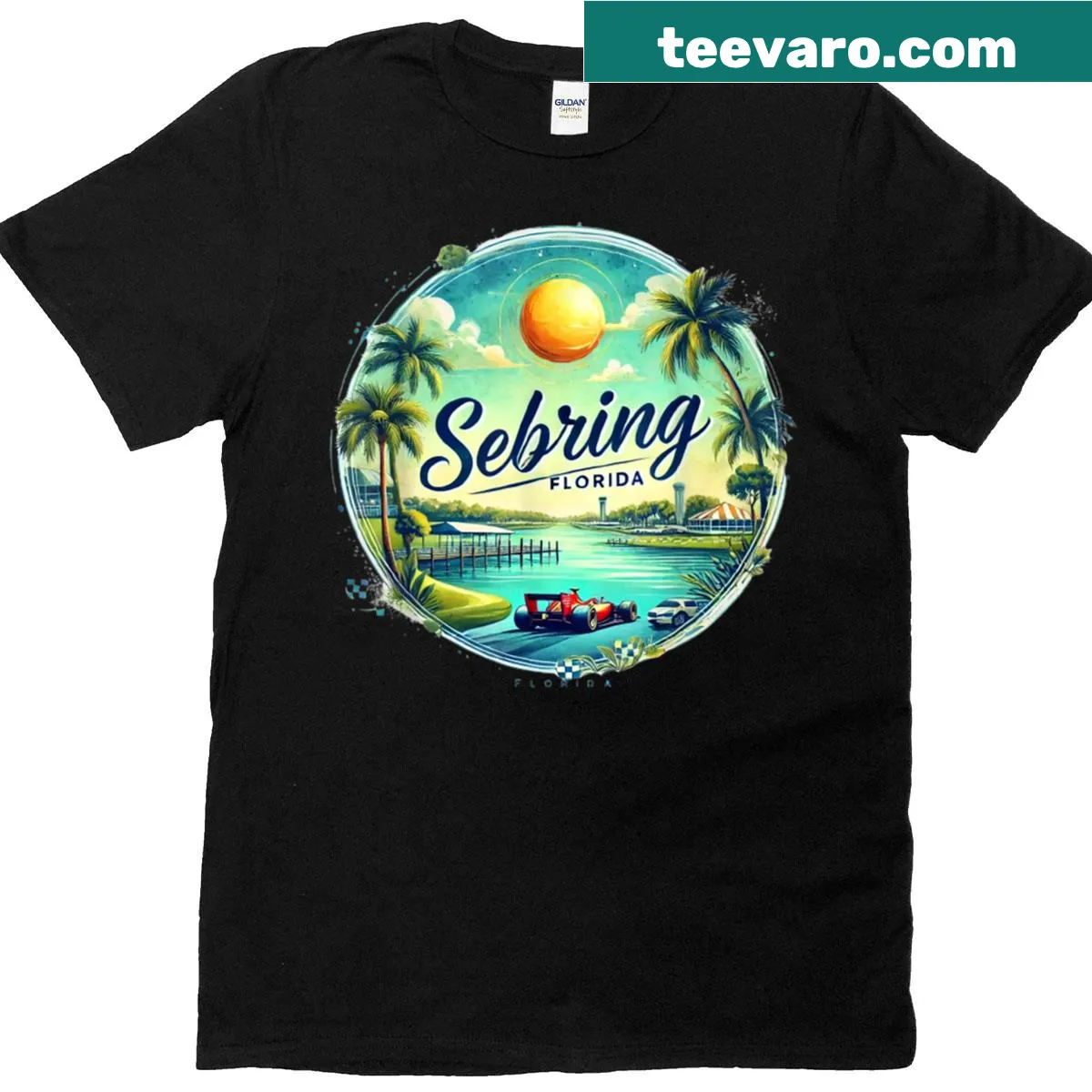 Vintage t-shirt depicting Sebring Florida race cars and orange groves — on a men's t-shirt