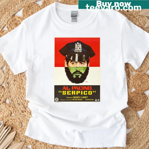 Vintage-style Serpico movie poster t-shirt featuring iconic design