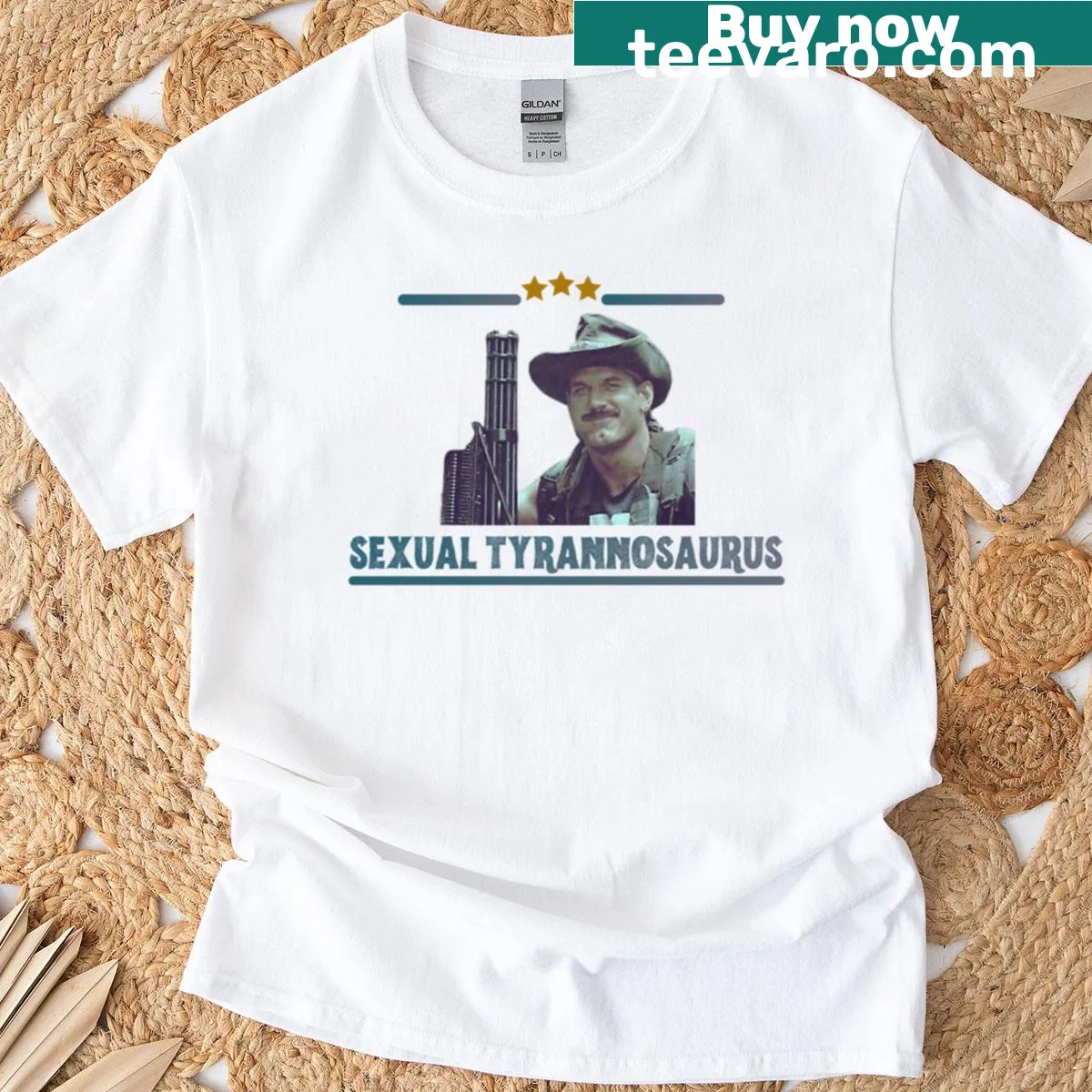 Humorous T-shirt featuring a playful illustration of a T-Rex — on a men's t-shirt
