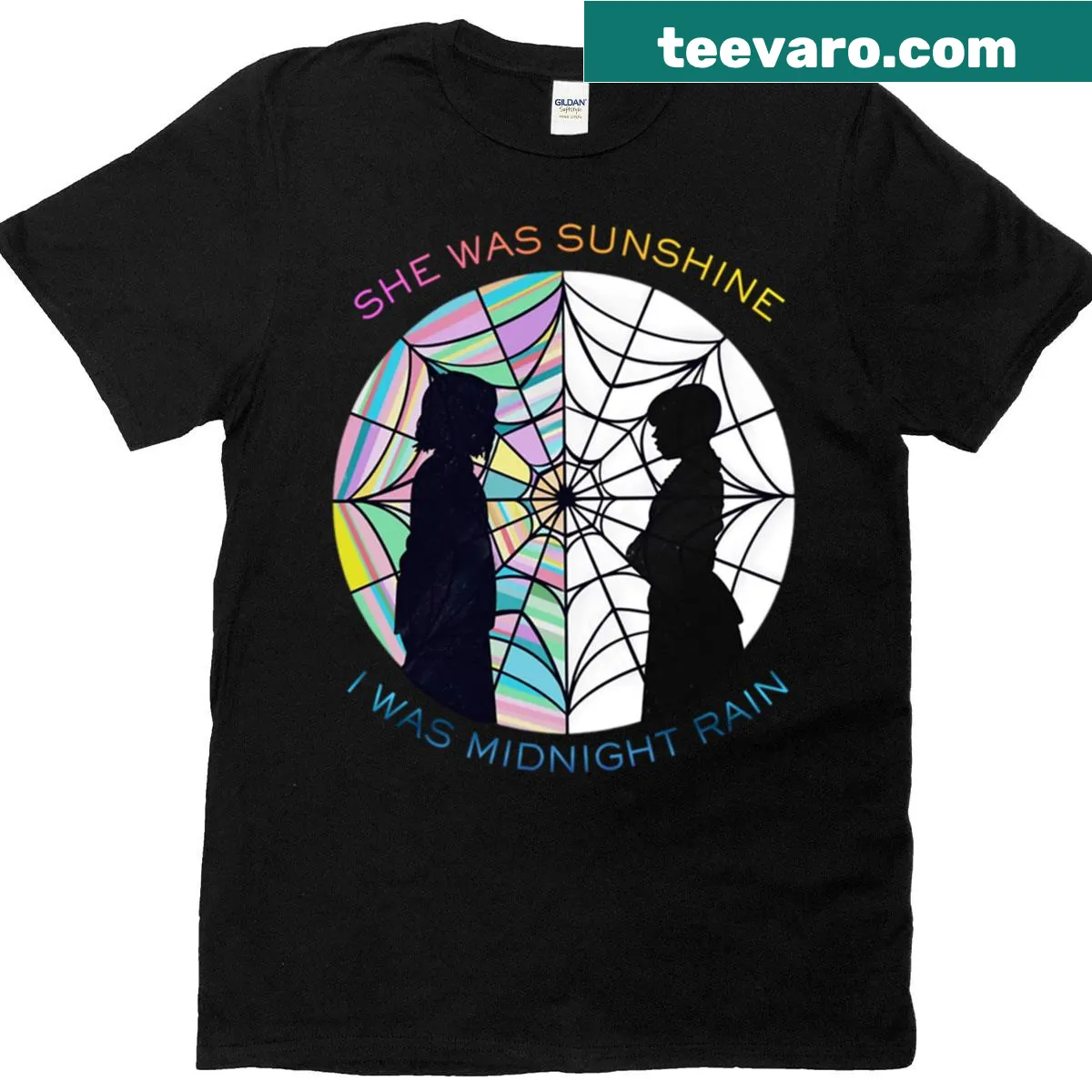 Typography t-shirt featuring 'She Was Sunshine I Was Midnight Rain' — on a men's t-shirt
