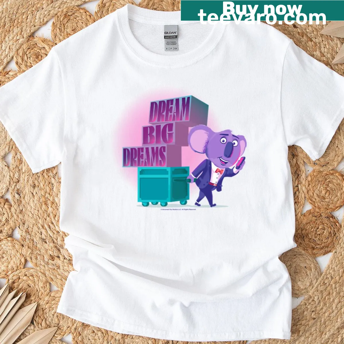 Inspirational T-shirt featuring 'Dream Big Dreams' text from Sing 2 with Buster Moon — on a men's t-shirt