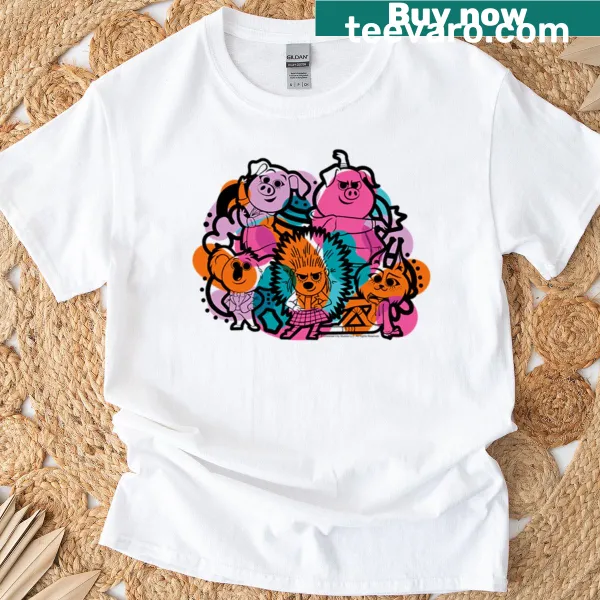 Illustrated Sing 2 group shot T-shirt featuring various animal characters