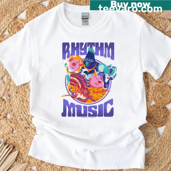 Illustration of Sing 2 characters on a music-themed t-shirt