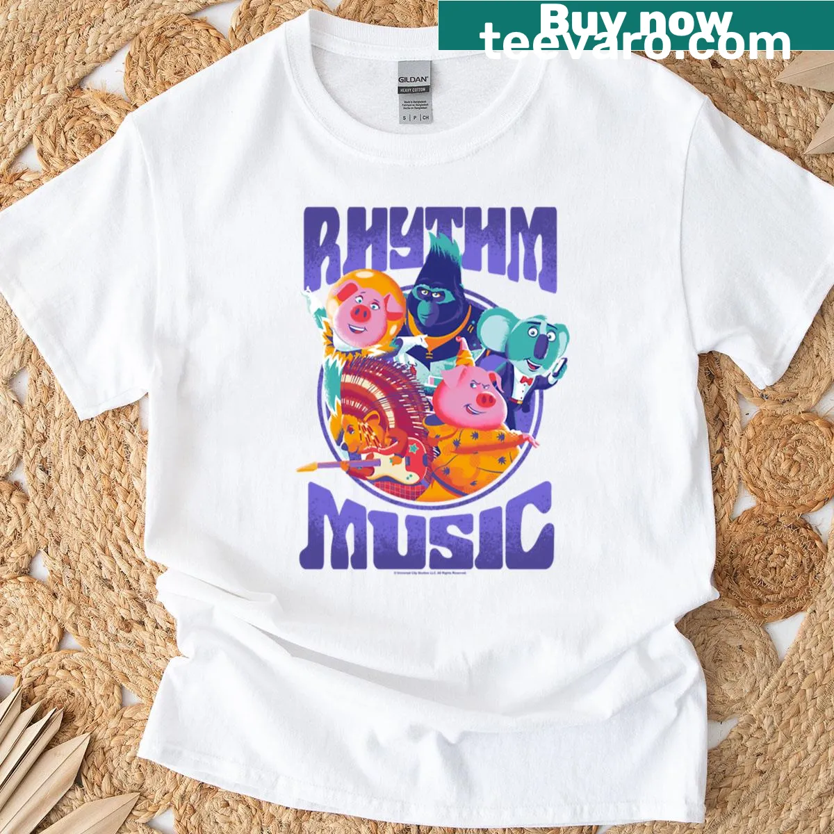 Illustration of Sing 2 characters on a music-themed t-shirt — on a men's t-shirt