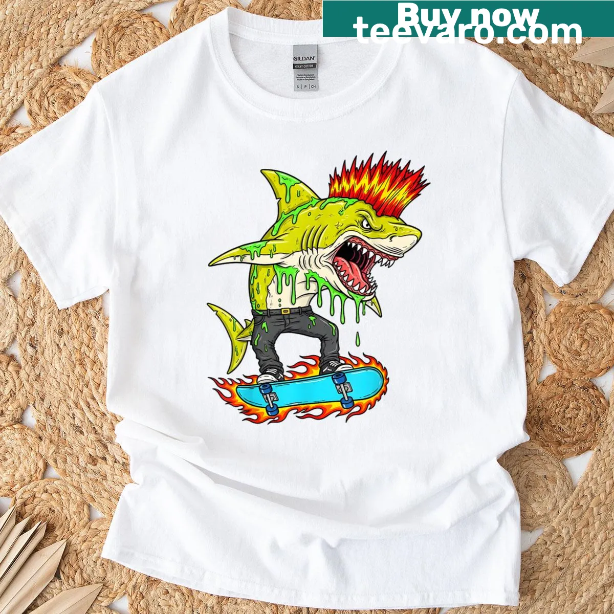 Skateboarding Sk8 Shark T-shirt with cool shark art design — on a men's t-shirt