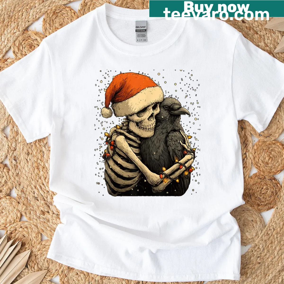 Gothic Christmas t-shirt with a skeleton hugging a crow in a Santa hat — on a men's t-shirt