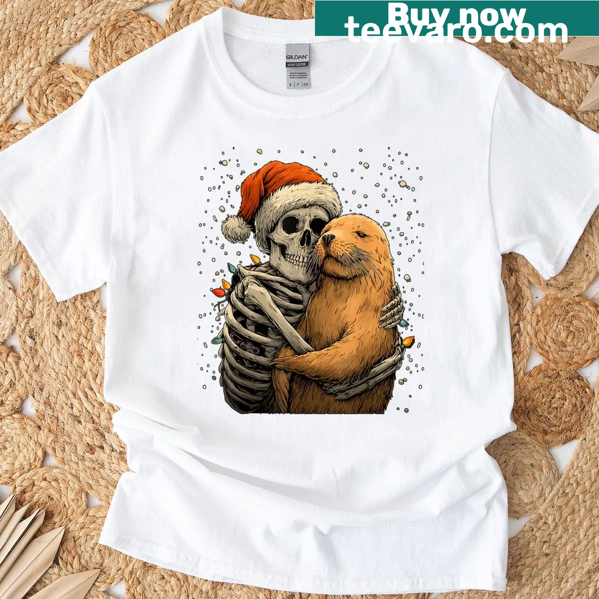 Gothic Christmas t-shirt with a skeleton hugging a seal — on a men's t-shirt