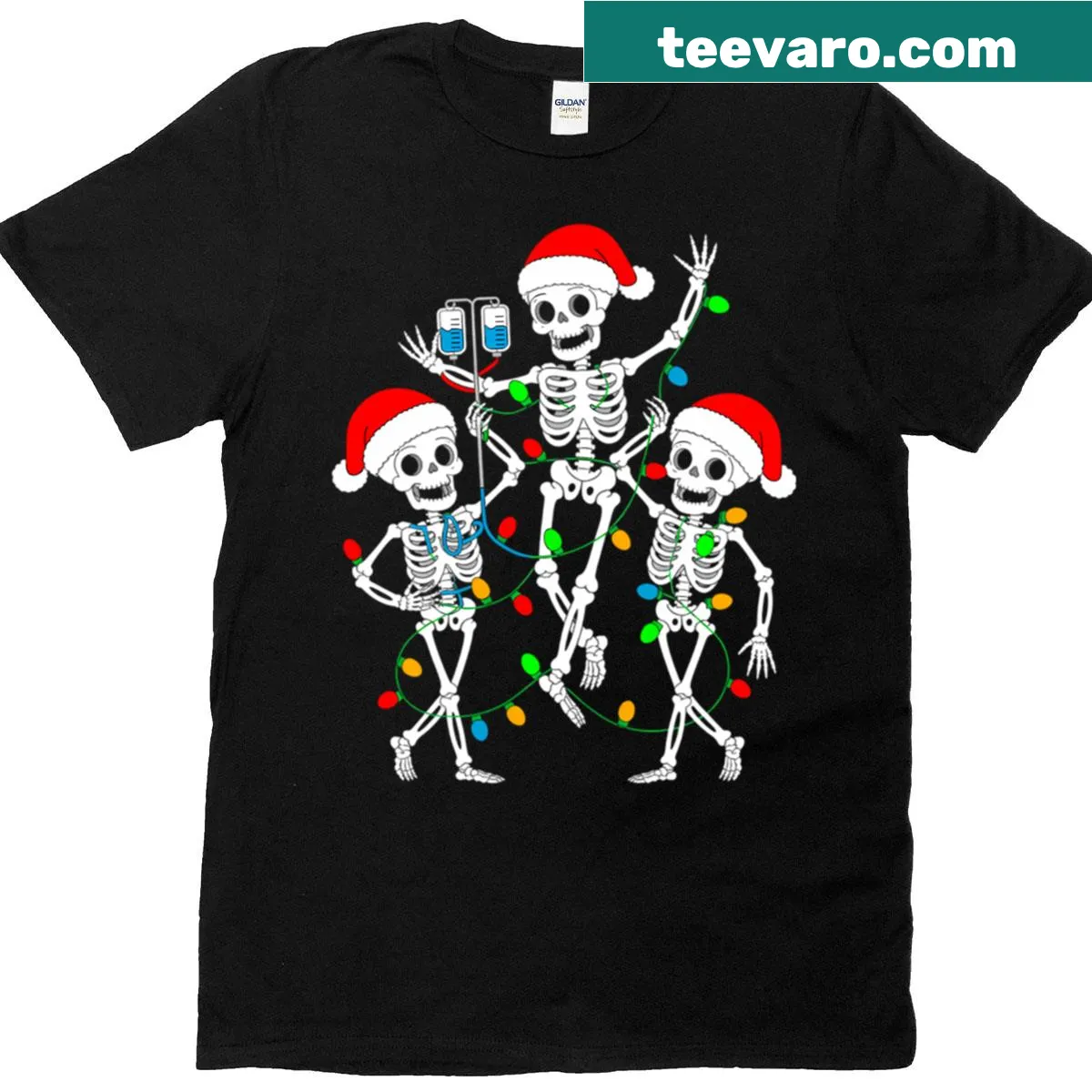 Funny Skeleton Nurse Christmas t-shirt with dancing design — on a men's t-shirt