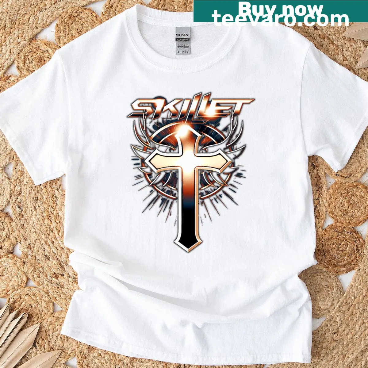 Vintage-style t-shirt featuring Skillet band logo — on a men's t-shirt
