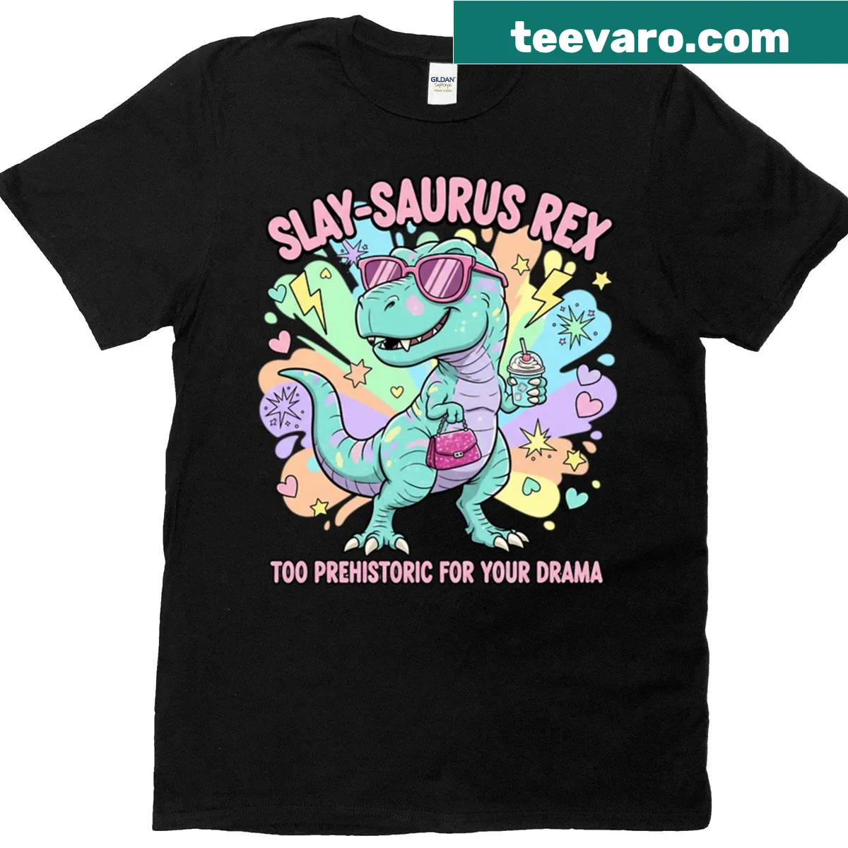 Funny dinosaur design with 'Slay-saurus Rex' text on a T-shirt — on a men's t-shirt