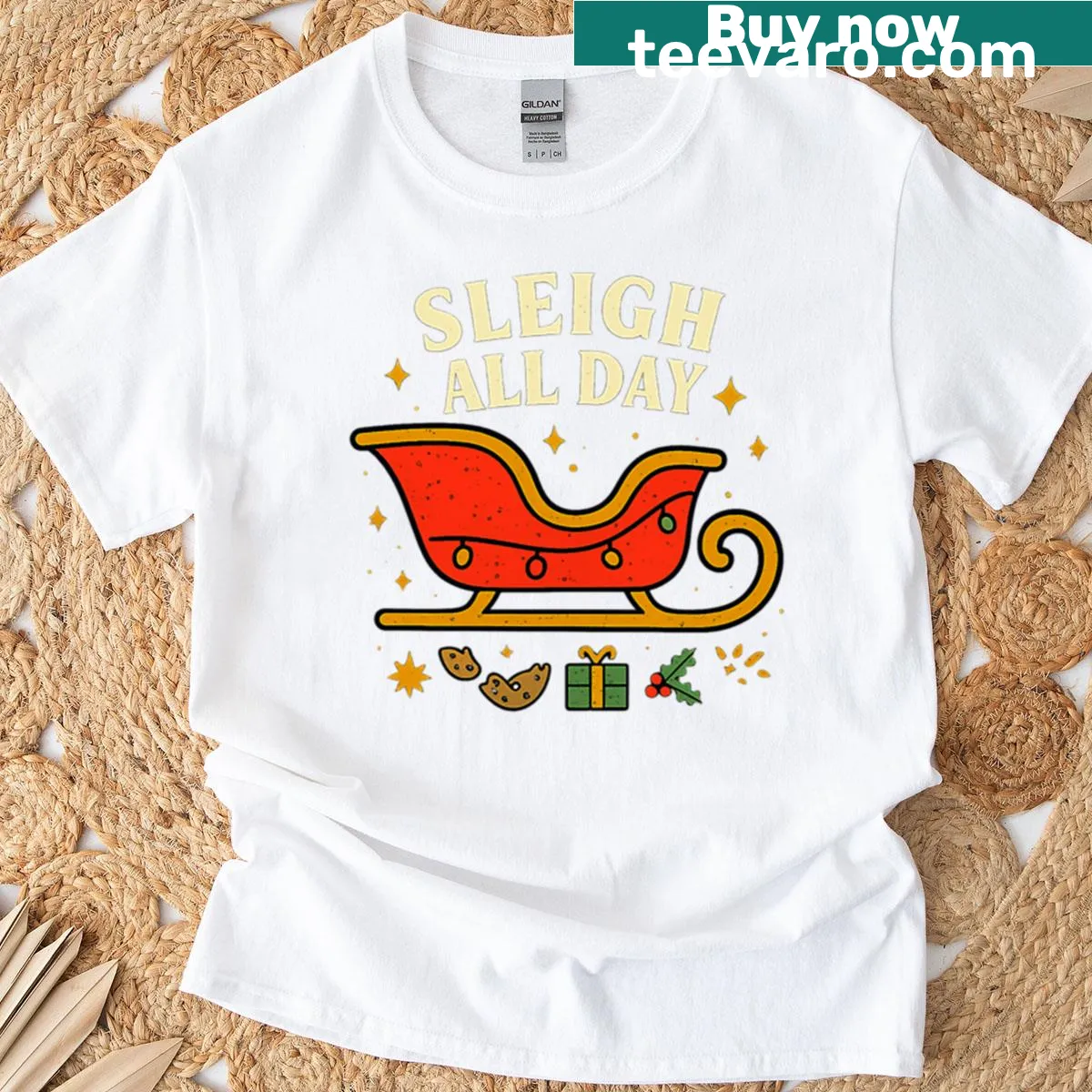 Festive 'Sleigh All Day' holiday t-shirt with whimsical design — on a men's t-shirt
