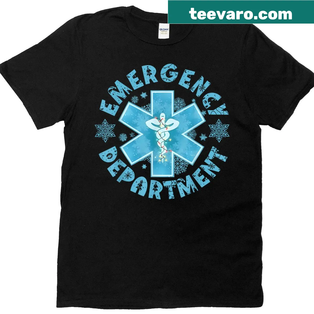 Snowflake Emergency Department Christmas nurse graphic T-shirt — on a men's t-shirt