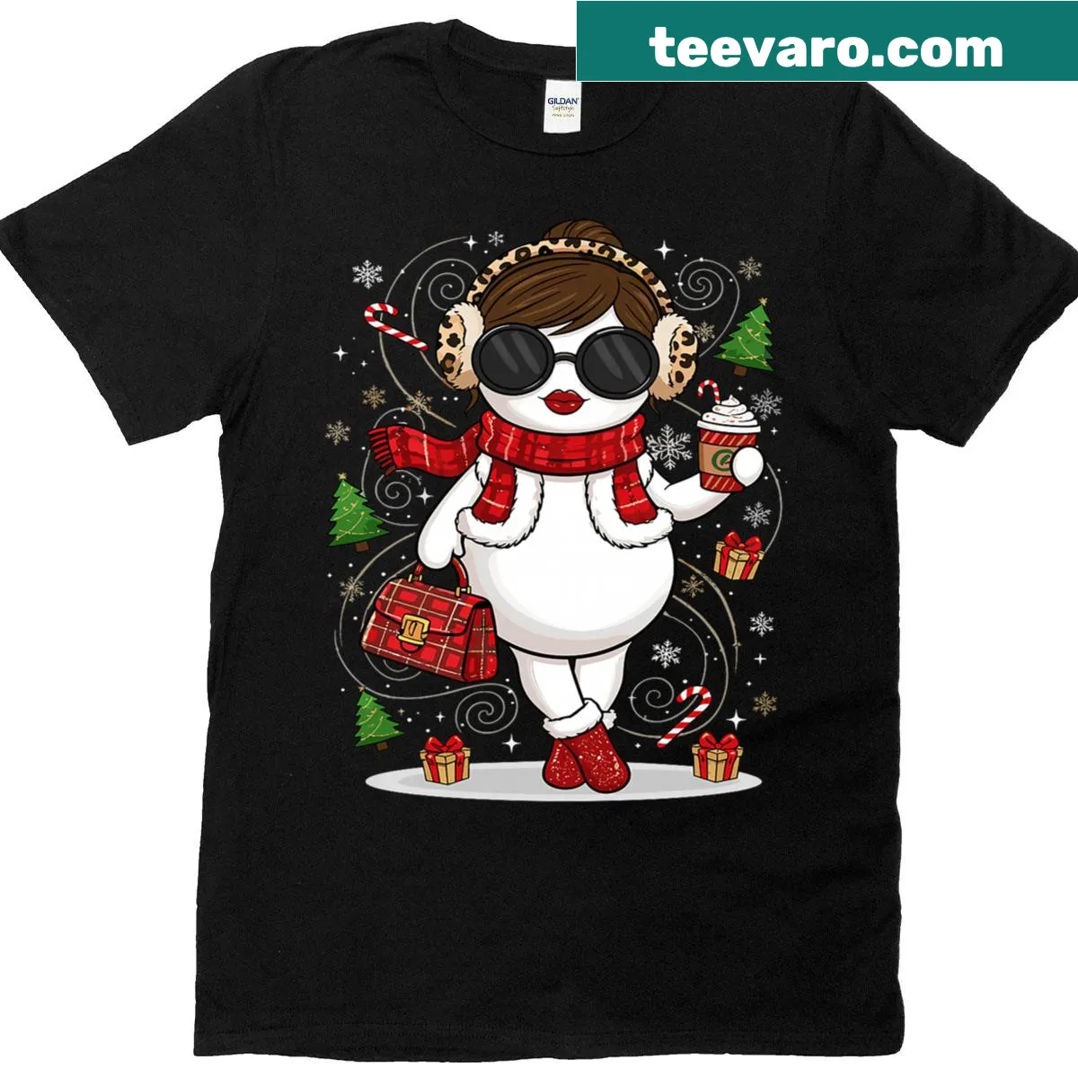 Funny Snowwoman with coffee Christmas t-shirt design — on a men's t-shirt