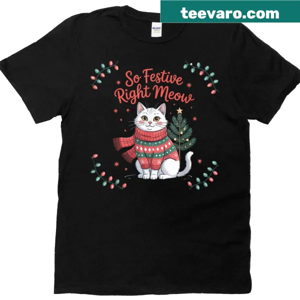 Vintage holiday t-shirt with a festive cat design