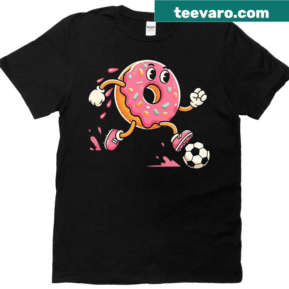 Cartoon donut in a soccer outfit on a T-shirt — on a men's t-shirt