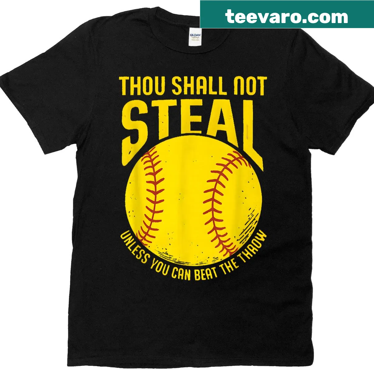 Funny softball T-shirt with the phrase 'Thou Shall Not Steal' — on a men's t-shirt