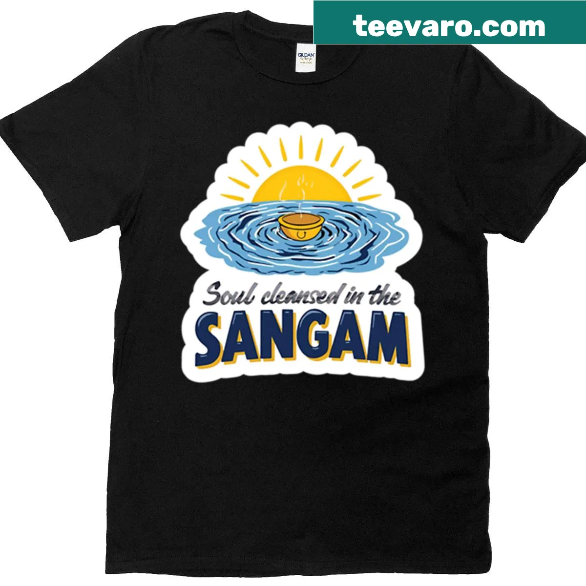 Soul Cleansed In The Sangam text T-shirt — on a men's t-shirt