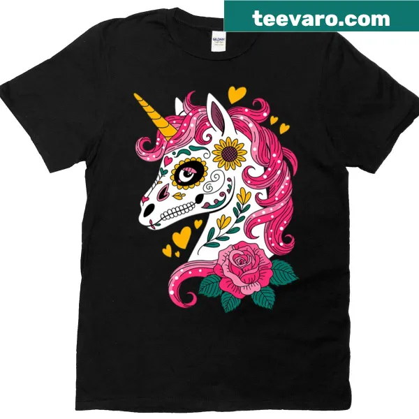Cute sugar skull unicorn T-shirt for girls celebrating Dia De Muertos