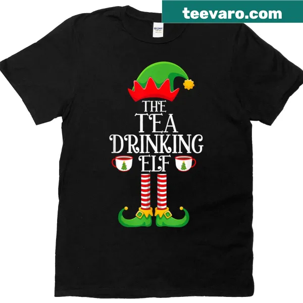 Whimsical tea-drinking elf T-shirt for moms celebrating Christmas