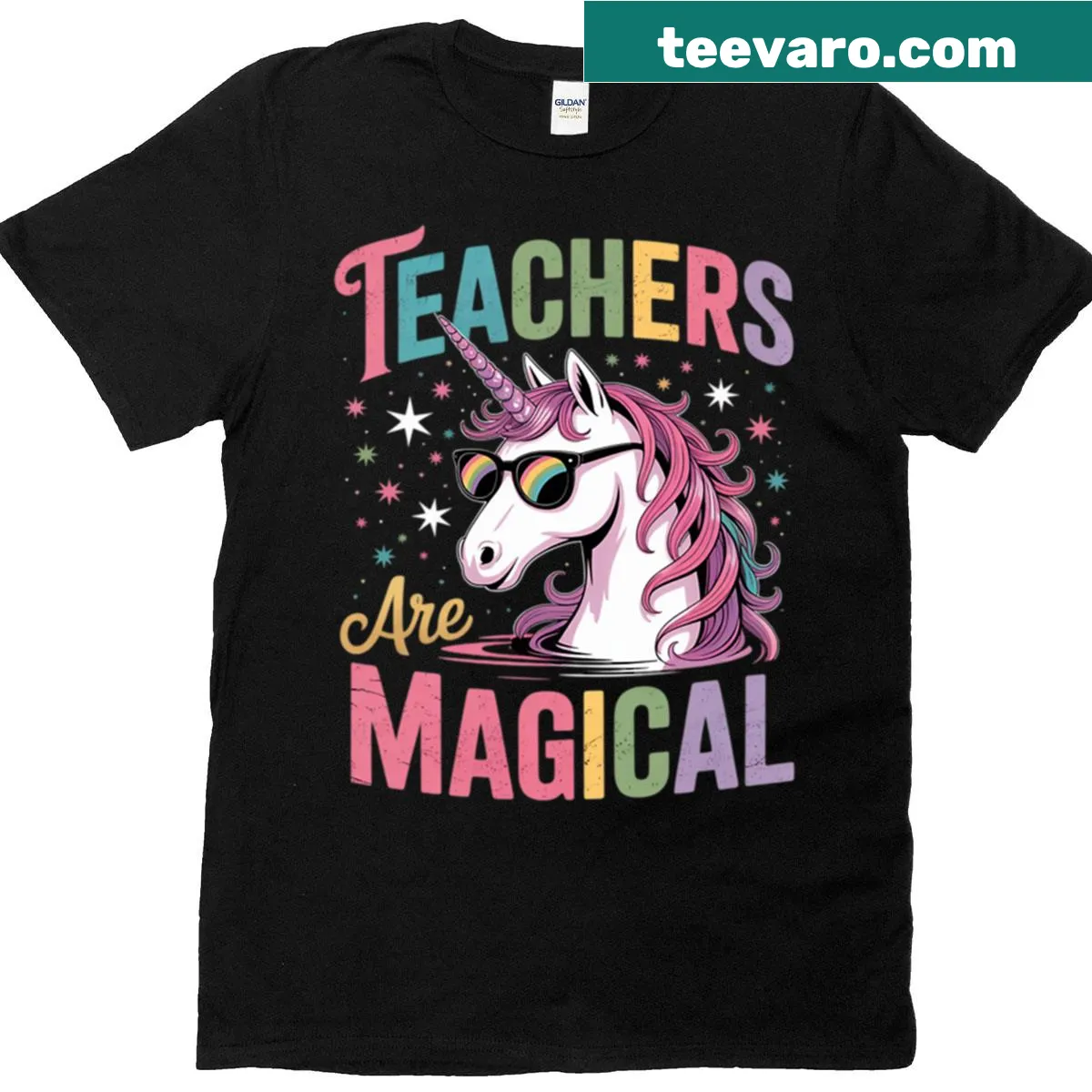 Playful t-shirt for teachers featuring unicorns and Halloween theme — on a men's t-shirt