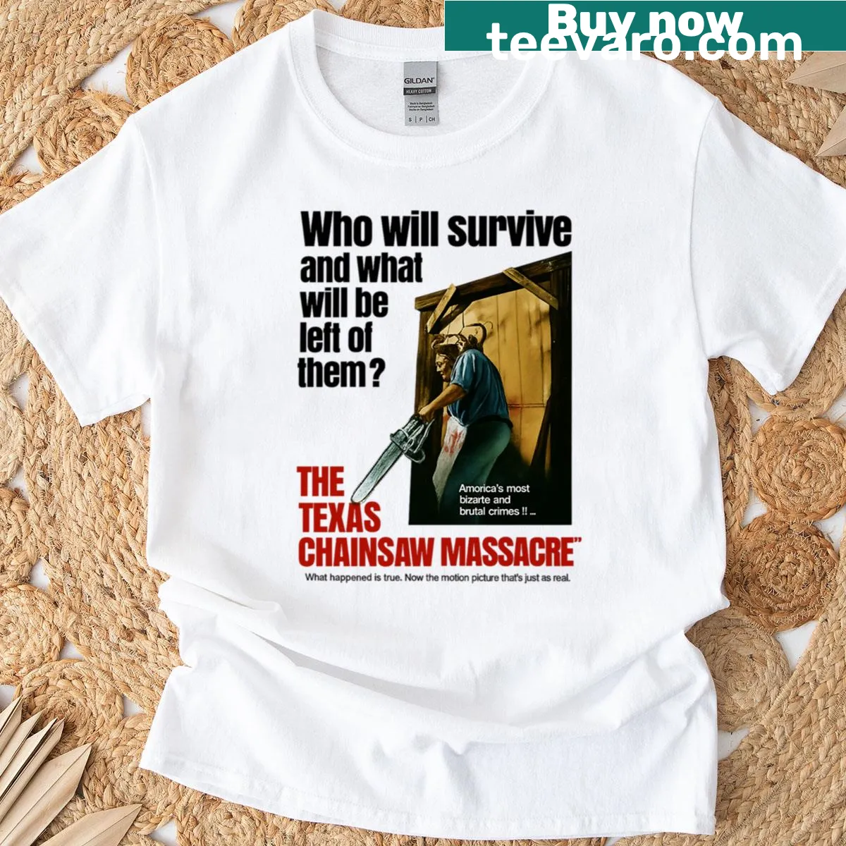 Distressed T-shirt featuring motifs from the Texas Chainsaw Massacre — on a men's t-shirt