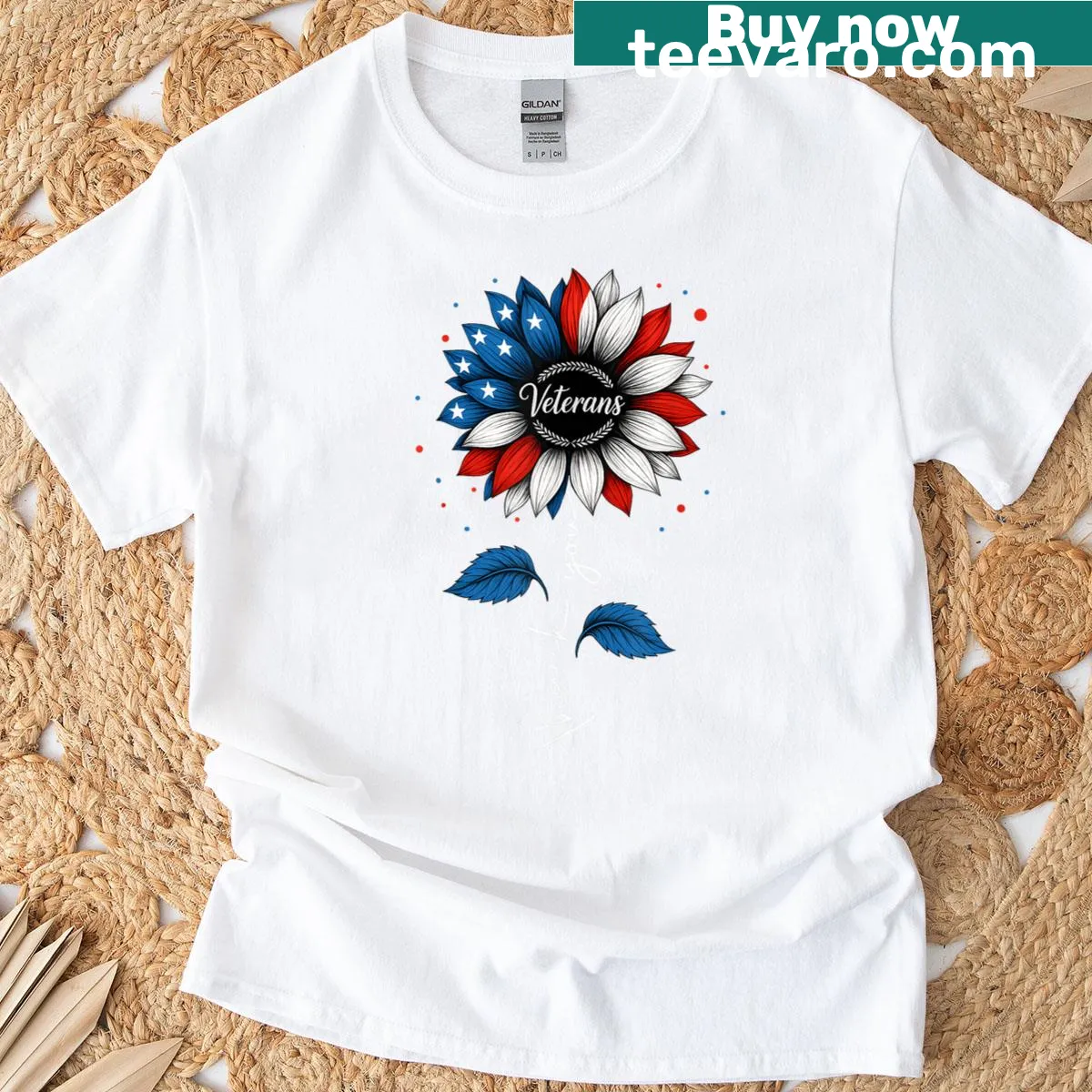 Sunflower and USA flag illustration honoring veterans — on a men's t-shirt