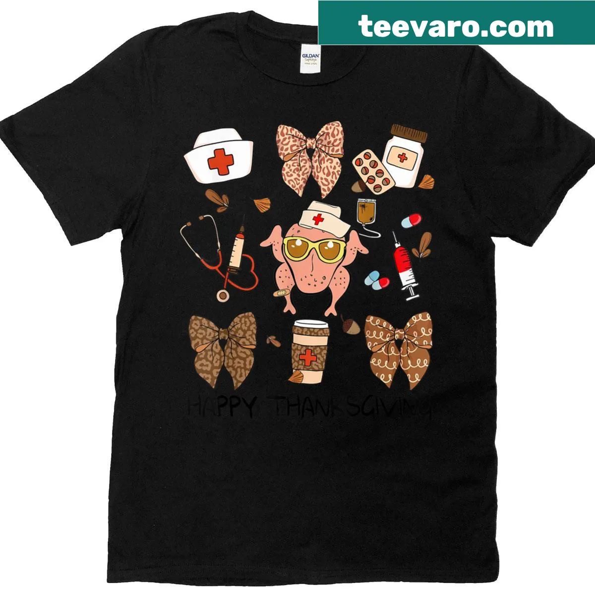 Thanksgiving scrub top with turkey design and bows for nurses — on a men's t-shirt
