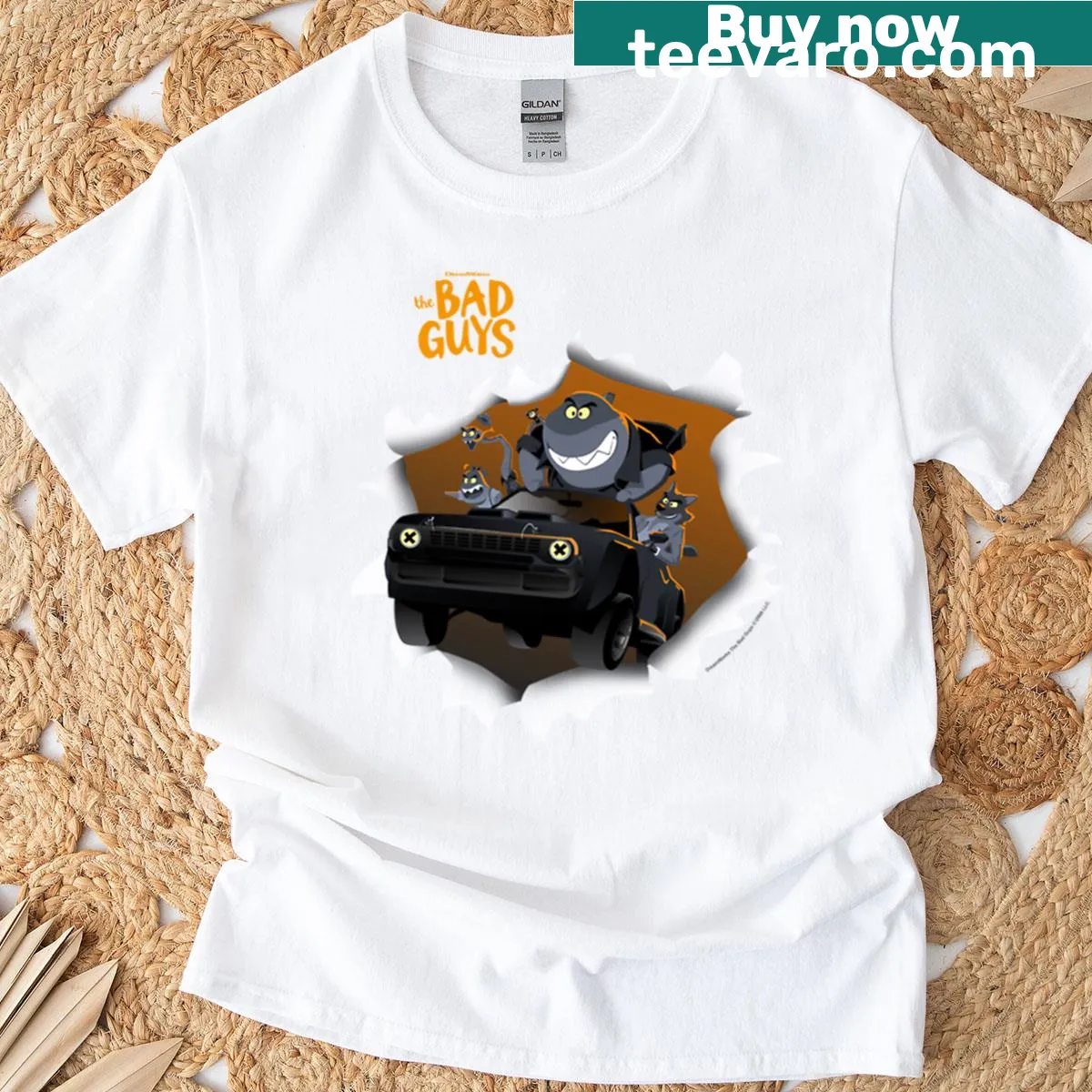 Playful ripped poster design of a getaway car on a T-shirt — on a men's t-shirt