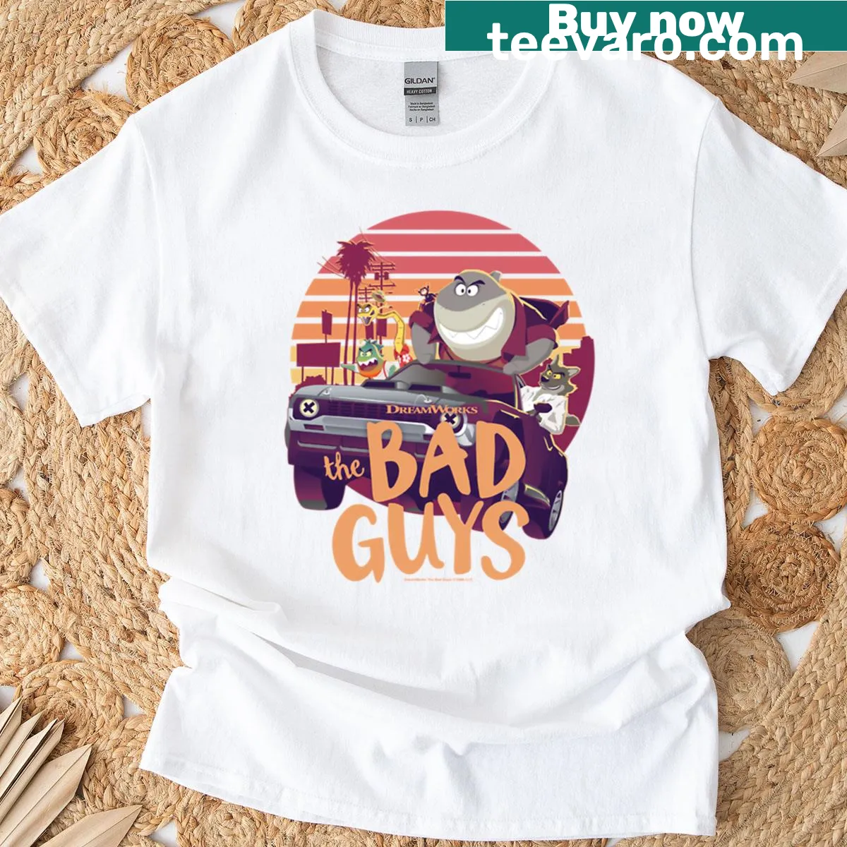 Getaway car graphic from The Bad Guys on shirt — on a men's t-shirt