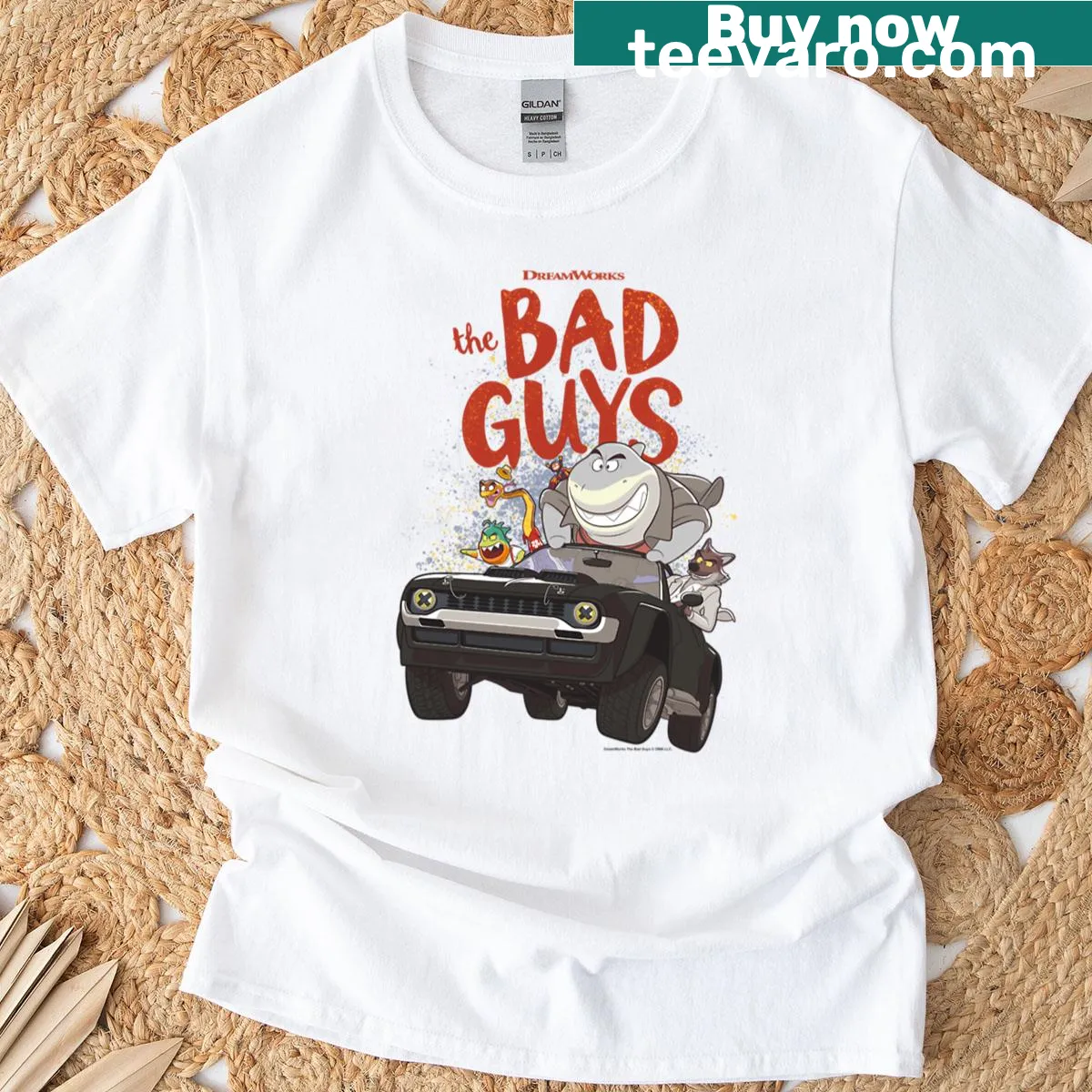 Getaway vehicle graphic from The Bad Guys on shirt — on a men's t-shirt