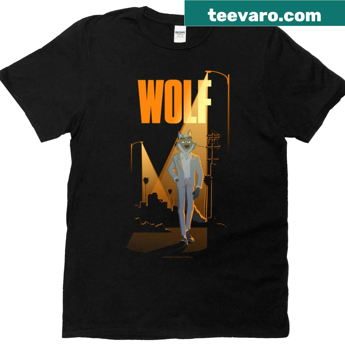 Illustrated Mr. Wolf at a city street light on a t-shirt — on a men's t-shirt