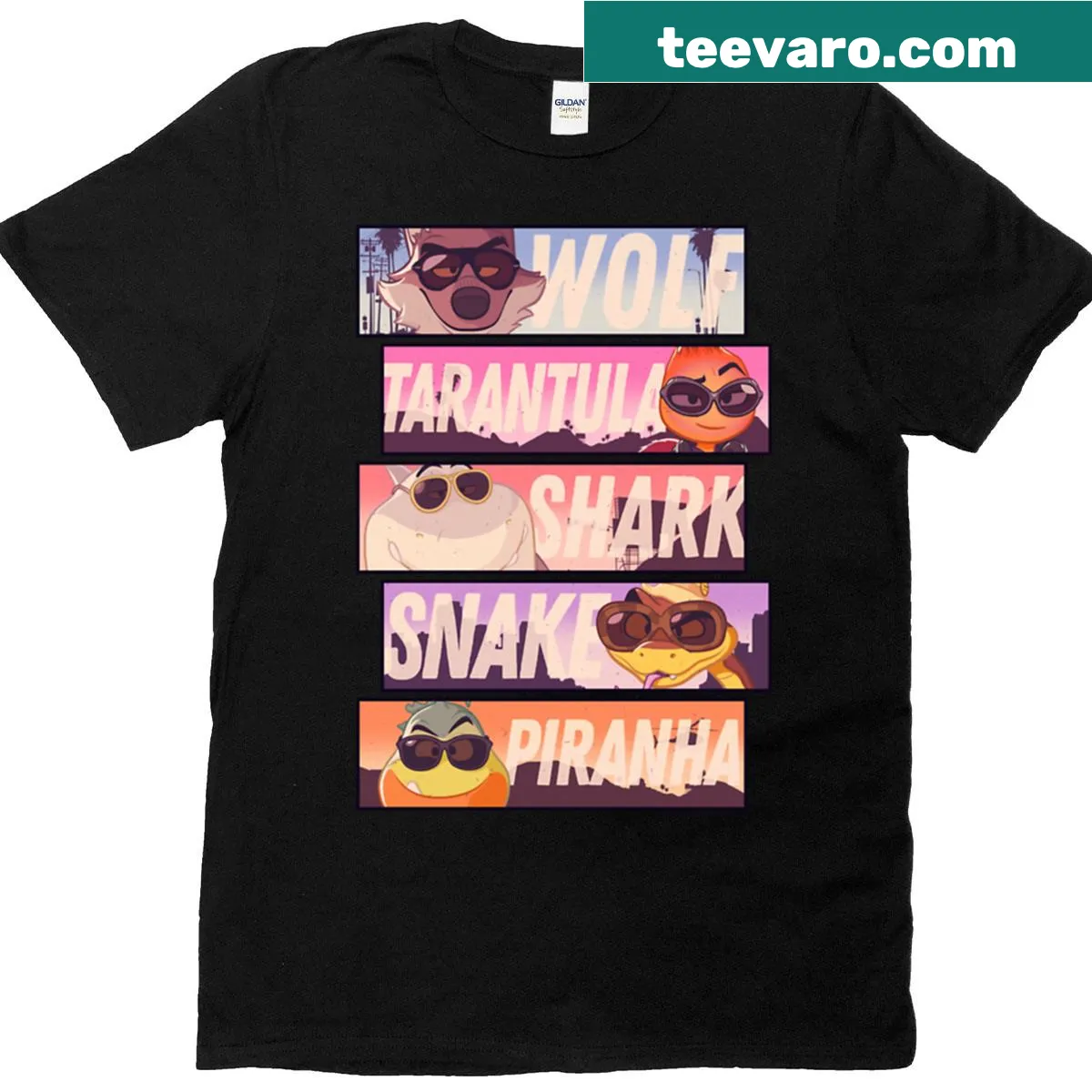 Character in sunglasses displayed in stacked panels on T-shirt — on a men's t-shirt
