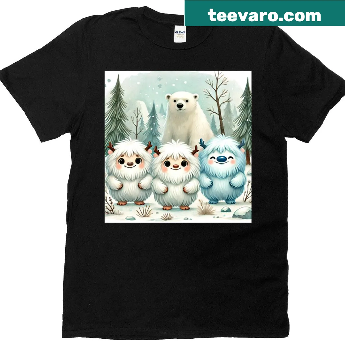 Whimsical winter t-shirt featuring Frostling Trio and Polar Guardian — on a men's t-shirt