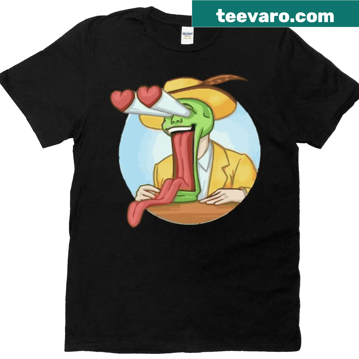 T-shirt featuring The Mask character in a loving pose — on a men's t-shirt